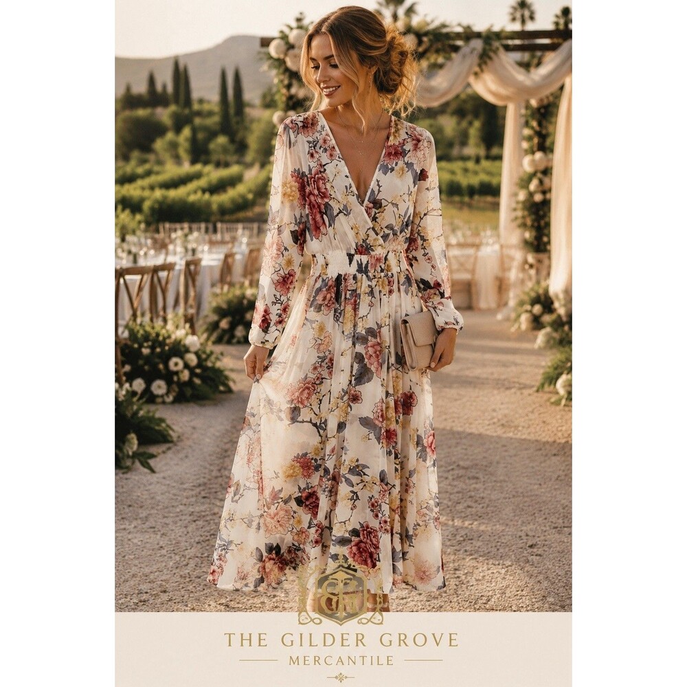 NWT Kate & Lily Floral Long Sleeve Smocked Waist Maxi Dress Sheer Lined Sz 6